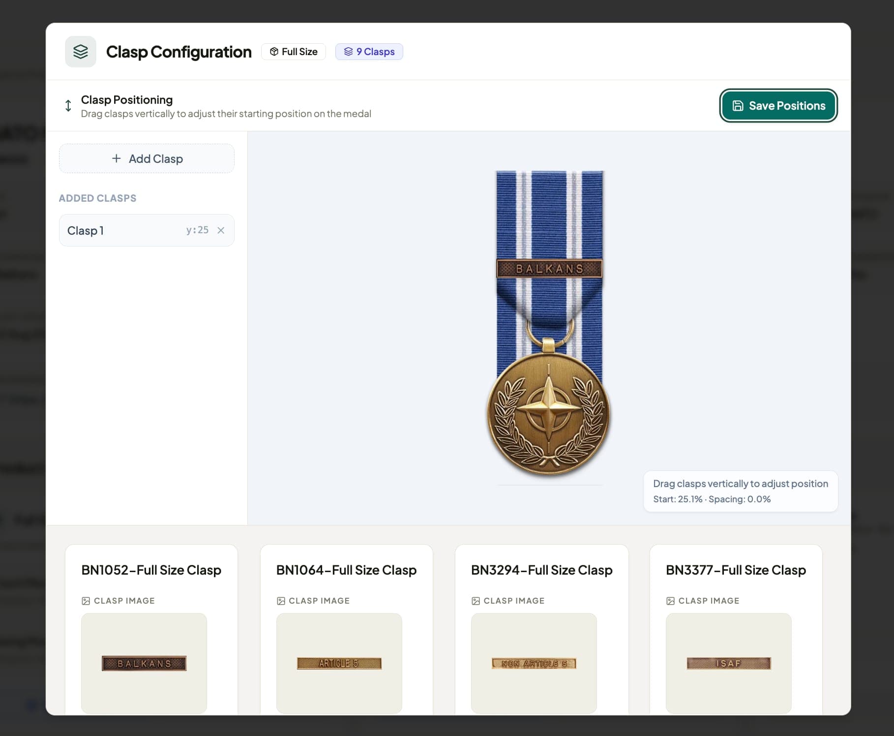 Admin clasp configuration screen where staff drag a clasp vertically on a medal ribbon to set its position