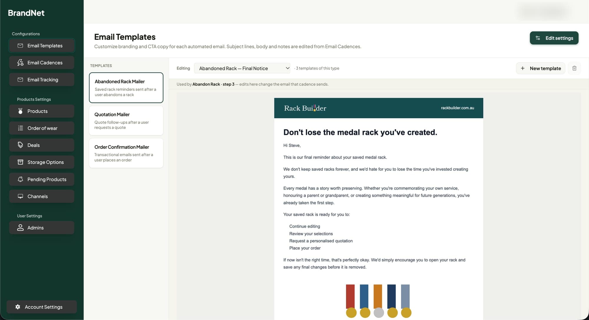Admin email template editor showing an abandoned-rack reminder email preview