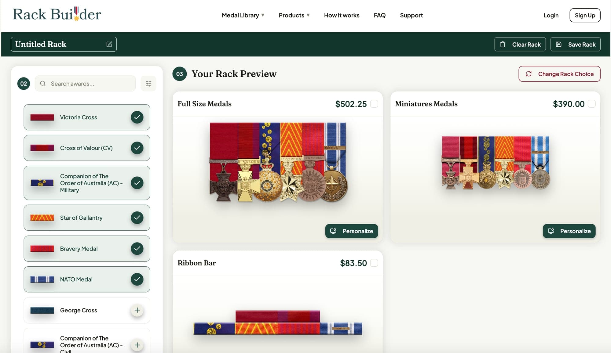 Rack Builder desktop view: searchable award list on the left, live full-size, miniature and ribbon bar rack previews on the right