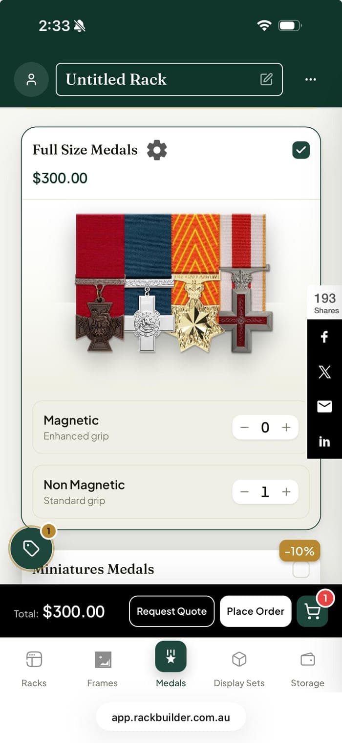 Mobile builder showing a full-size medal rack preview with backing options and a bottom navigation bar