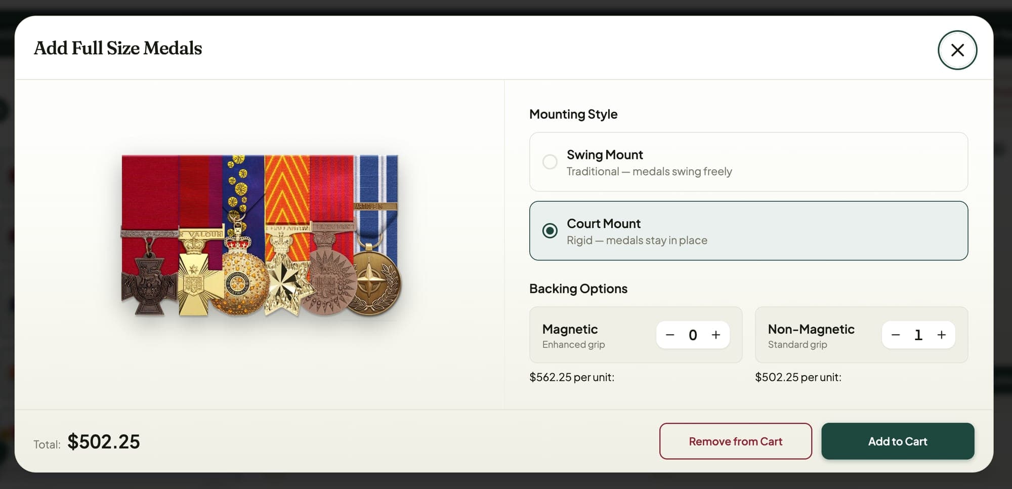 Add Full Size Medals dialog with swing or court mount options, magnetic and non-magnetic backing quantities and a running total