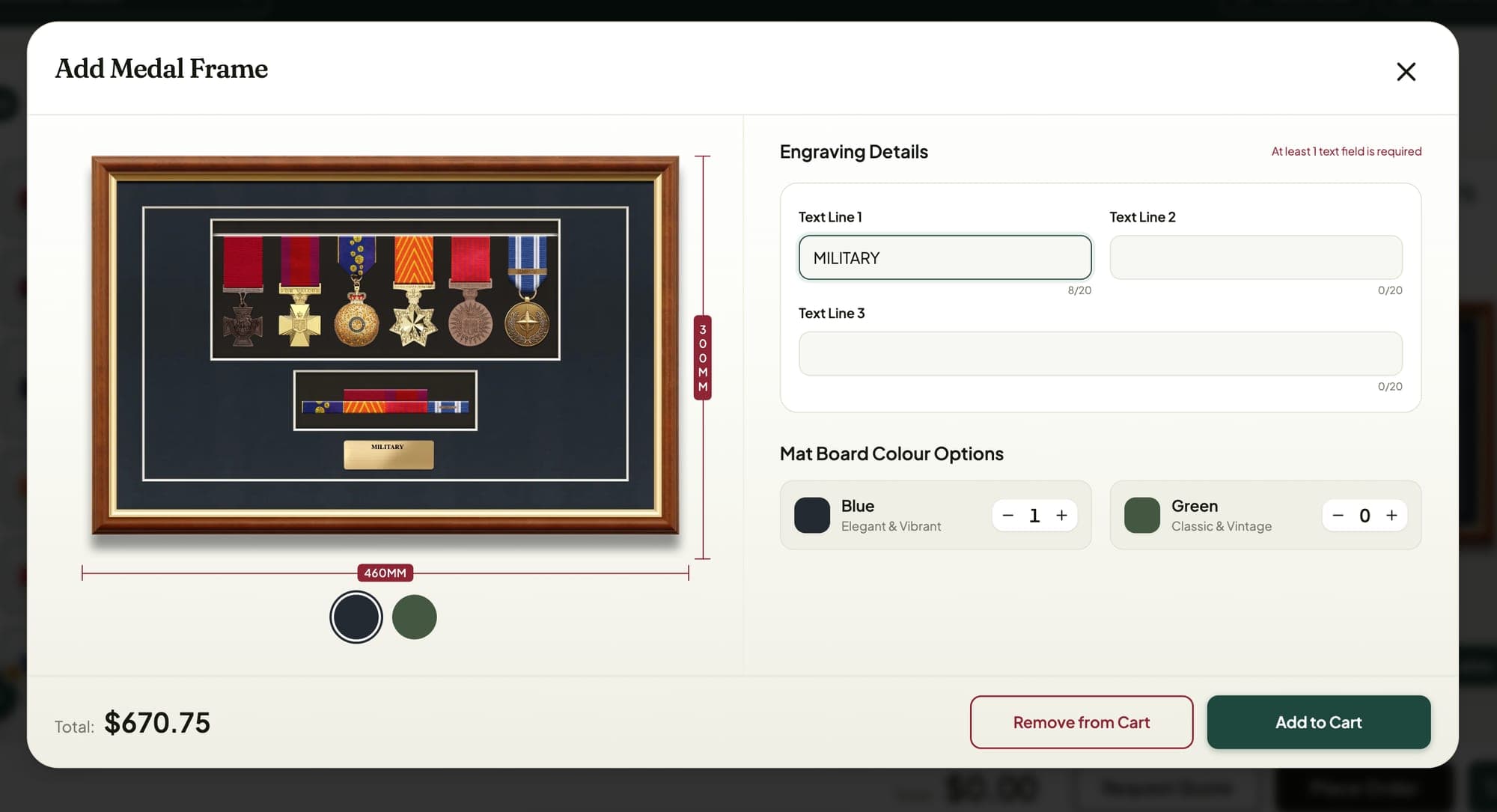 Medal frame configurator showing six medals and a ribbon bar inside a timber frame with an engraved plate, dimensions and mat board colour options