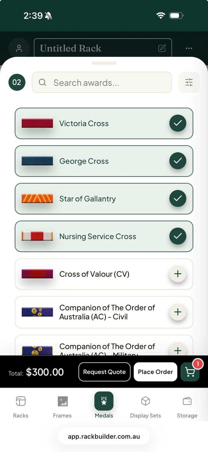Mobile medal drawer with a searchable list of awards and selected medals ticked