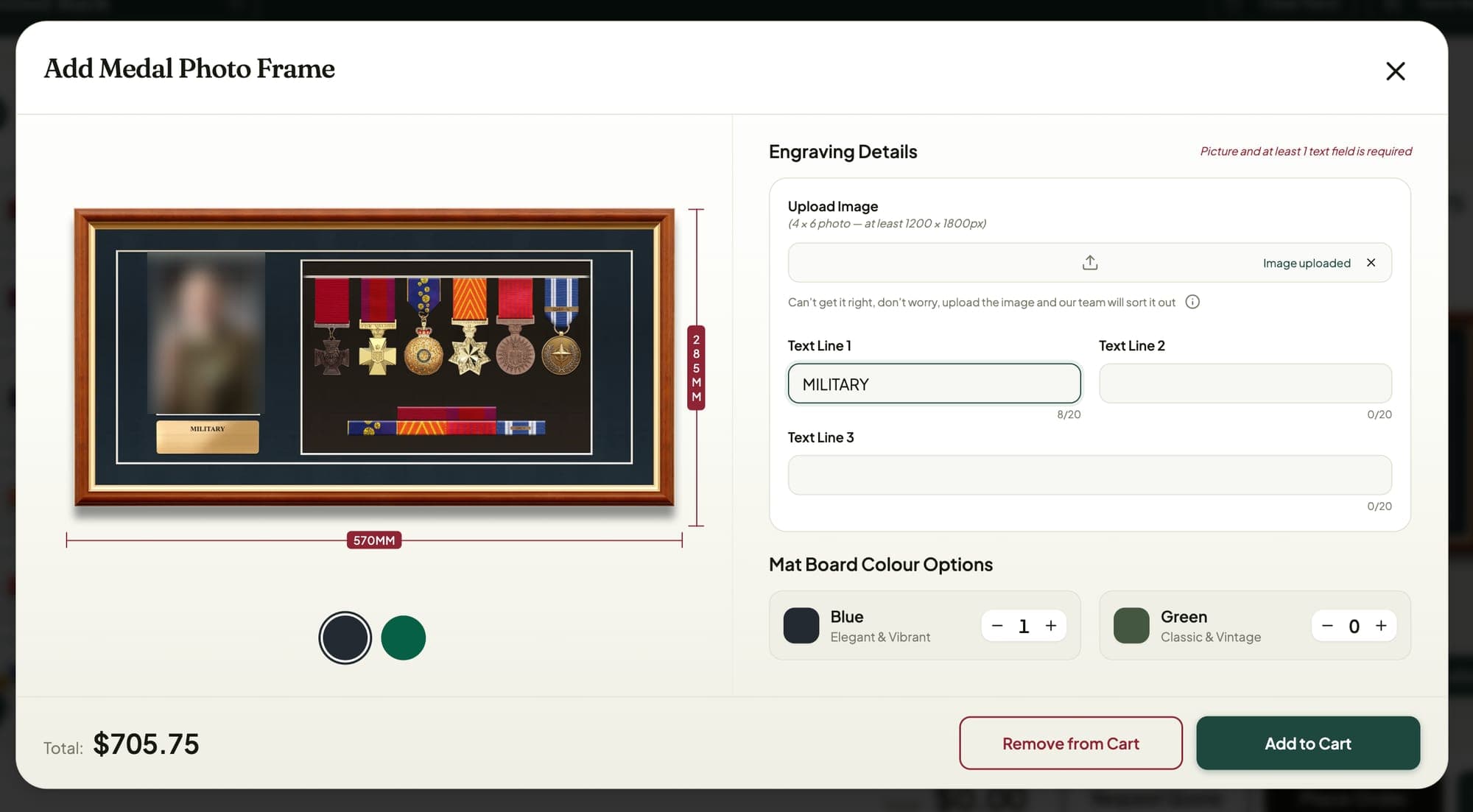Medal photo frame configurator with an uploaded portrait beside the medals and engraving fields