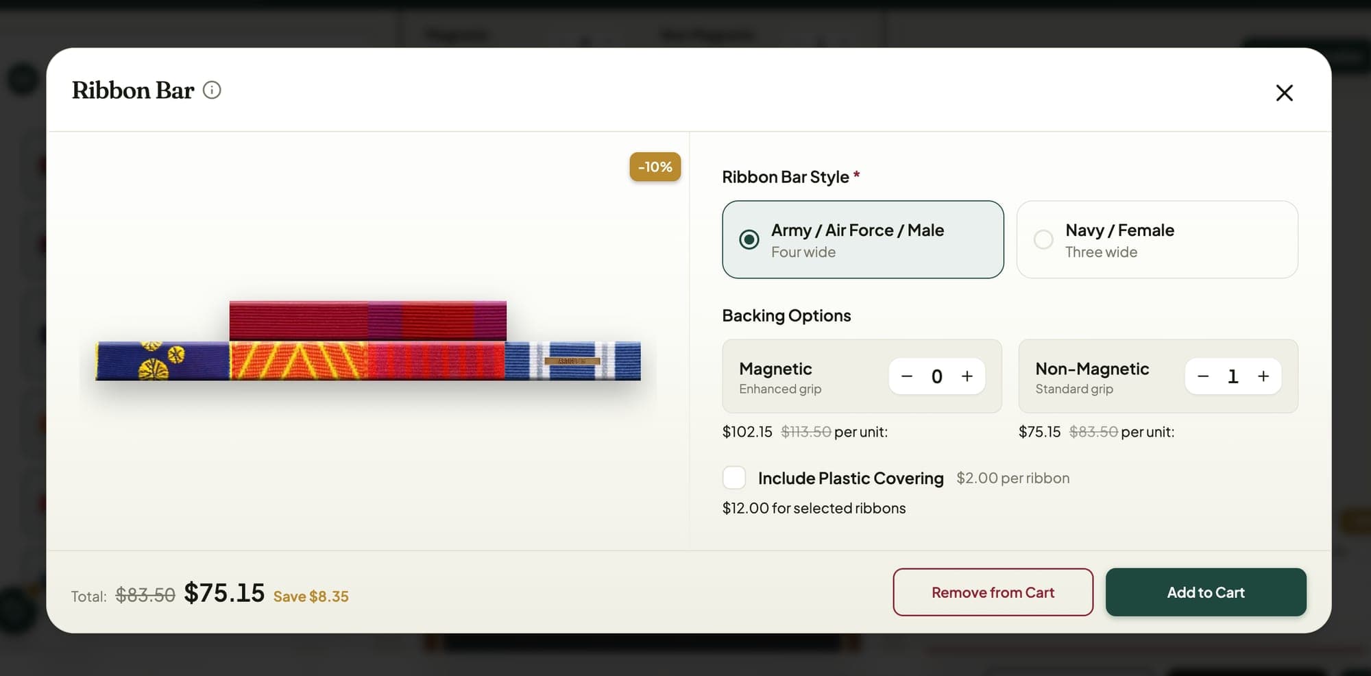 Ribbon bar dialog with style, backing and plastic covering options, showing a 10% deal badge and the discounted total