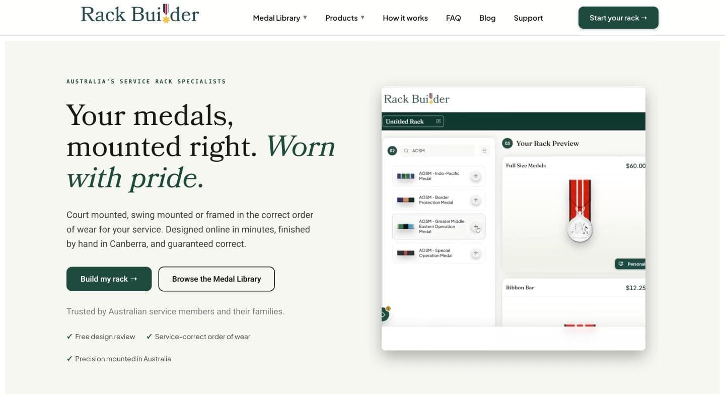 Customer website homepage: 'Your medals, mounted right. Worn with pride.' with Build my rack and Browse the Medal Library buttons beside a builder preview