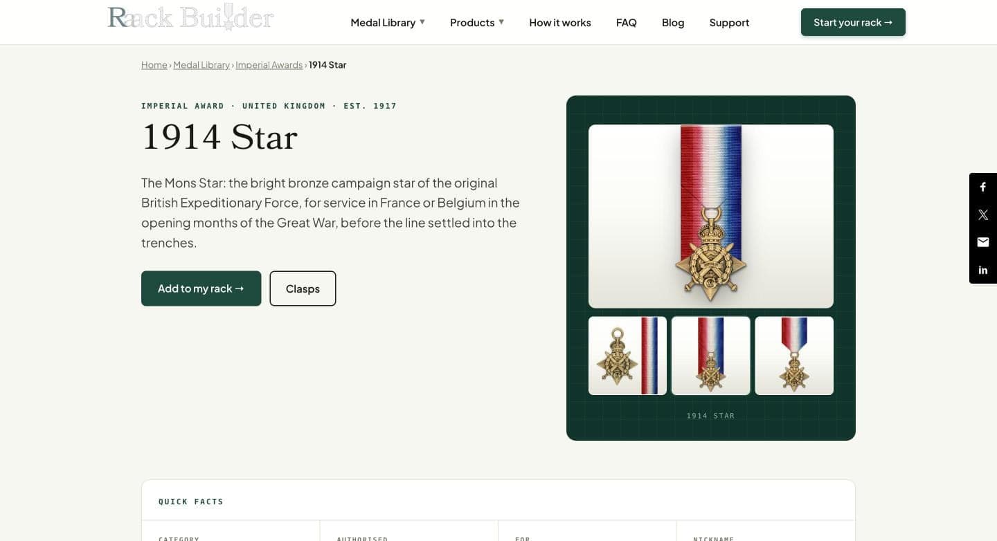 Medal detail page for the 1914 Star with history, quick facts and an Add to my rack button