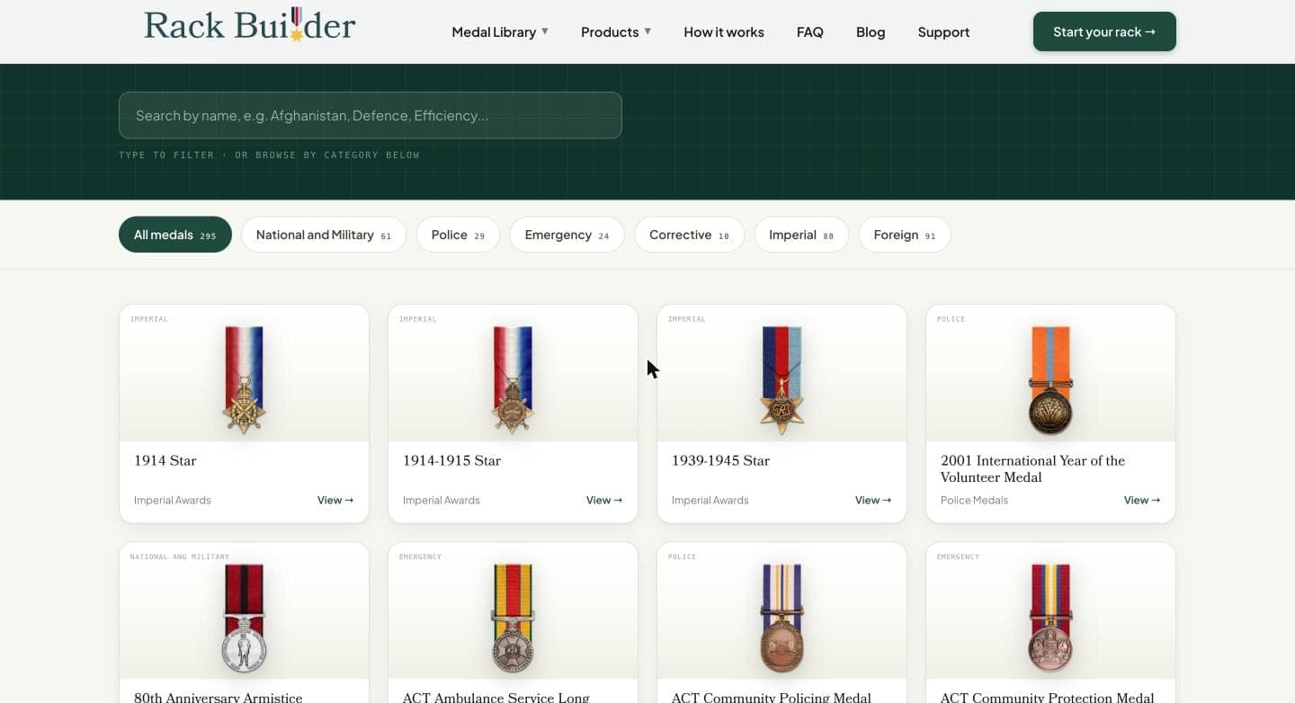 Medal Library listing with category filters and medal cards